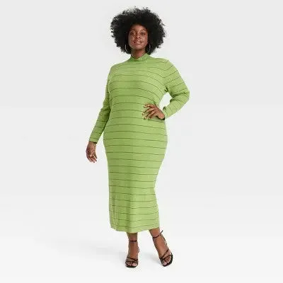 New - House of Aama Women's High Neck Midi Knit Dress Long Sleeve