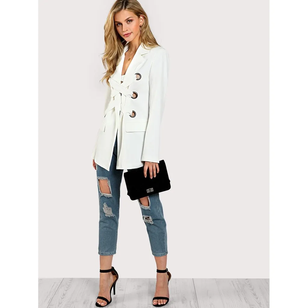 Notch Collar Grommet Lace Up Front Blazer