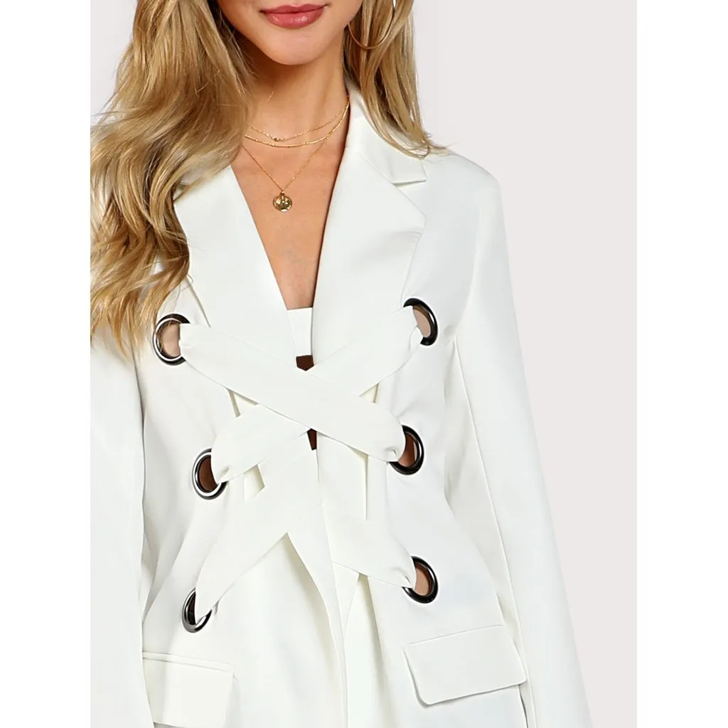 Notch Collar Grommet Lace Up Front Blazer