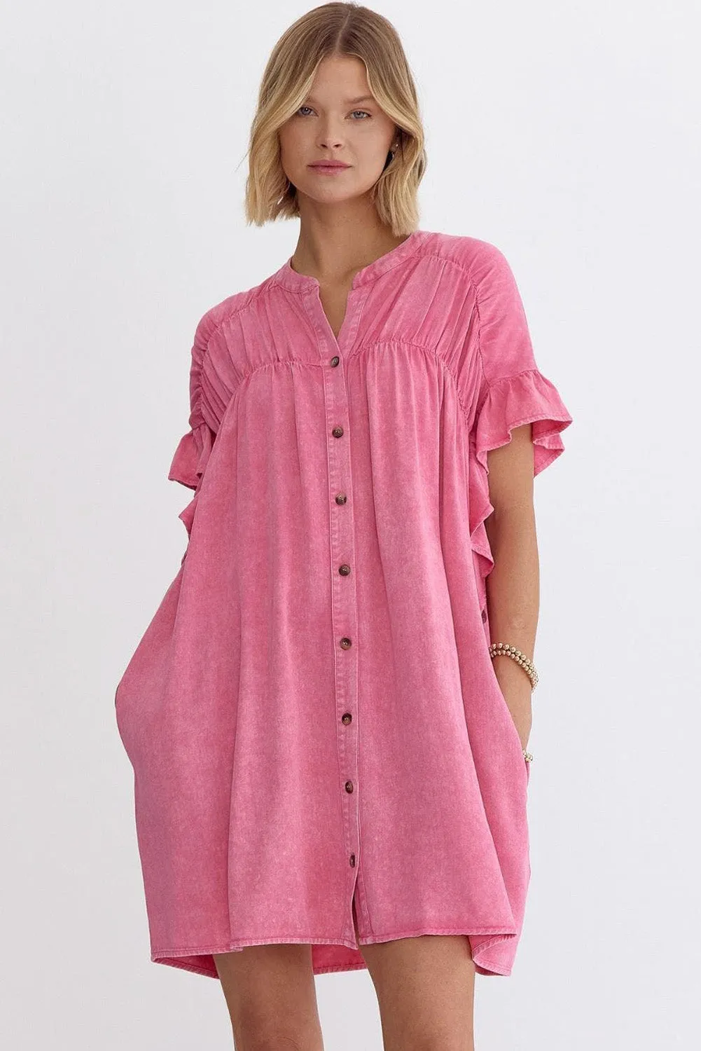 Pink Mini Ruffled Denim Dress