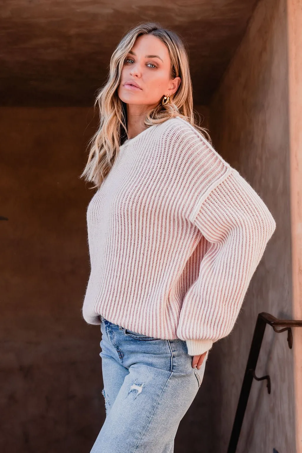 Pink Striped Seam Detail Sweater