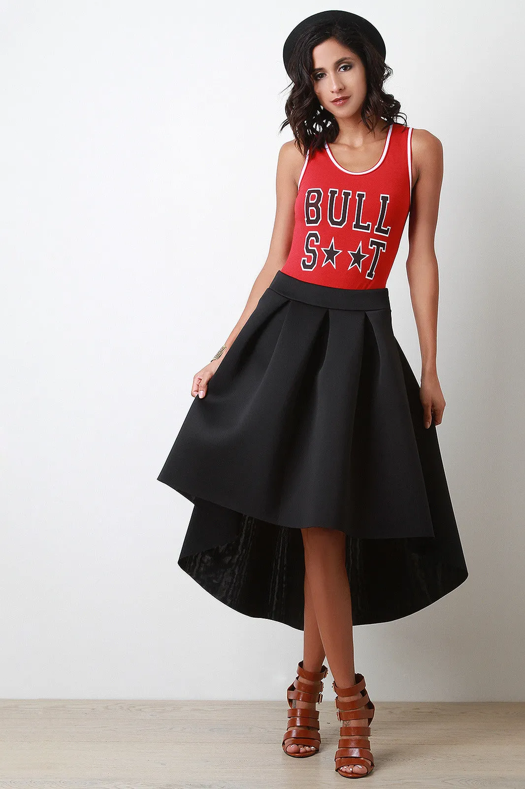 Pleated Scuba High-Low Flared Midi Skirt