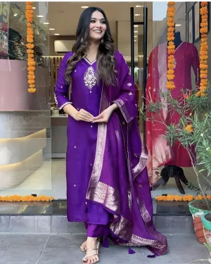 Purple cotton silk embroidered straight kurta set with dupatta