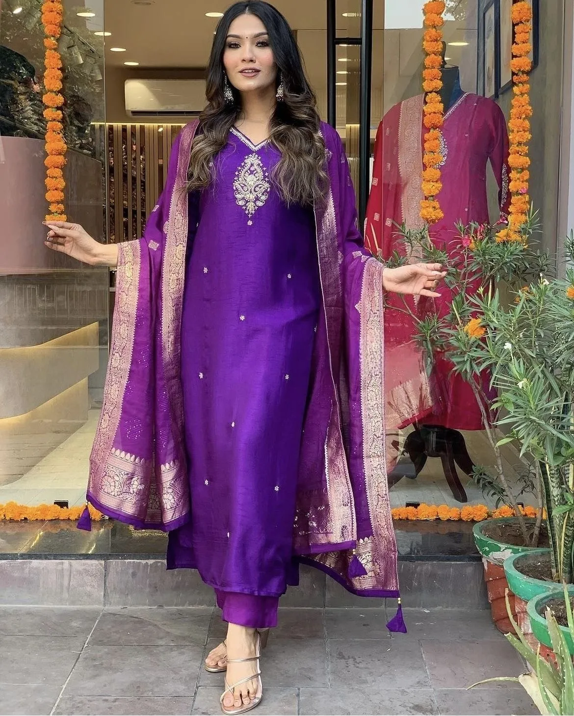 Purple cotton silk embroidered straight kurta set with dupatta