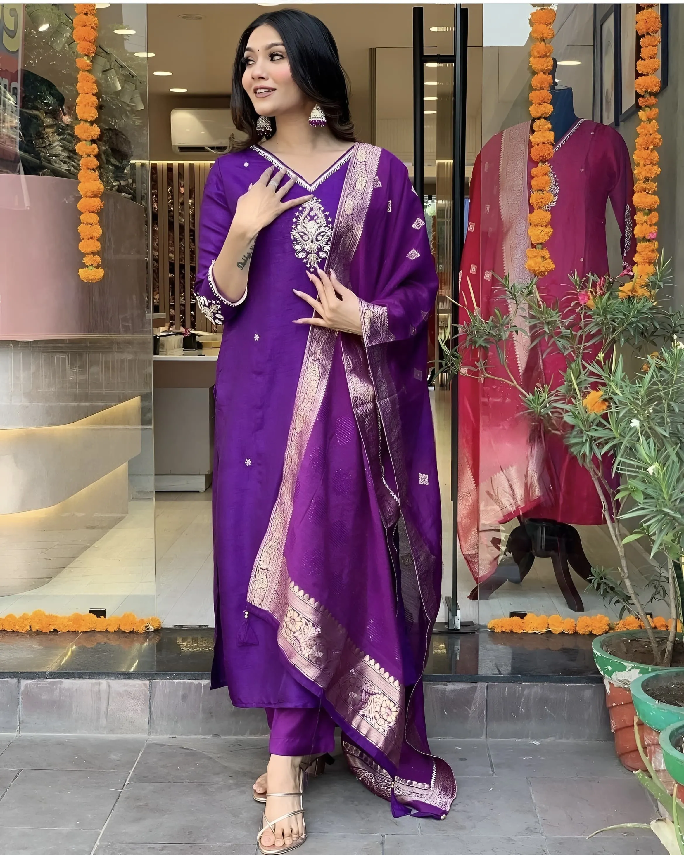 Purple cotton silk embroidered straight kurta set with dupatta