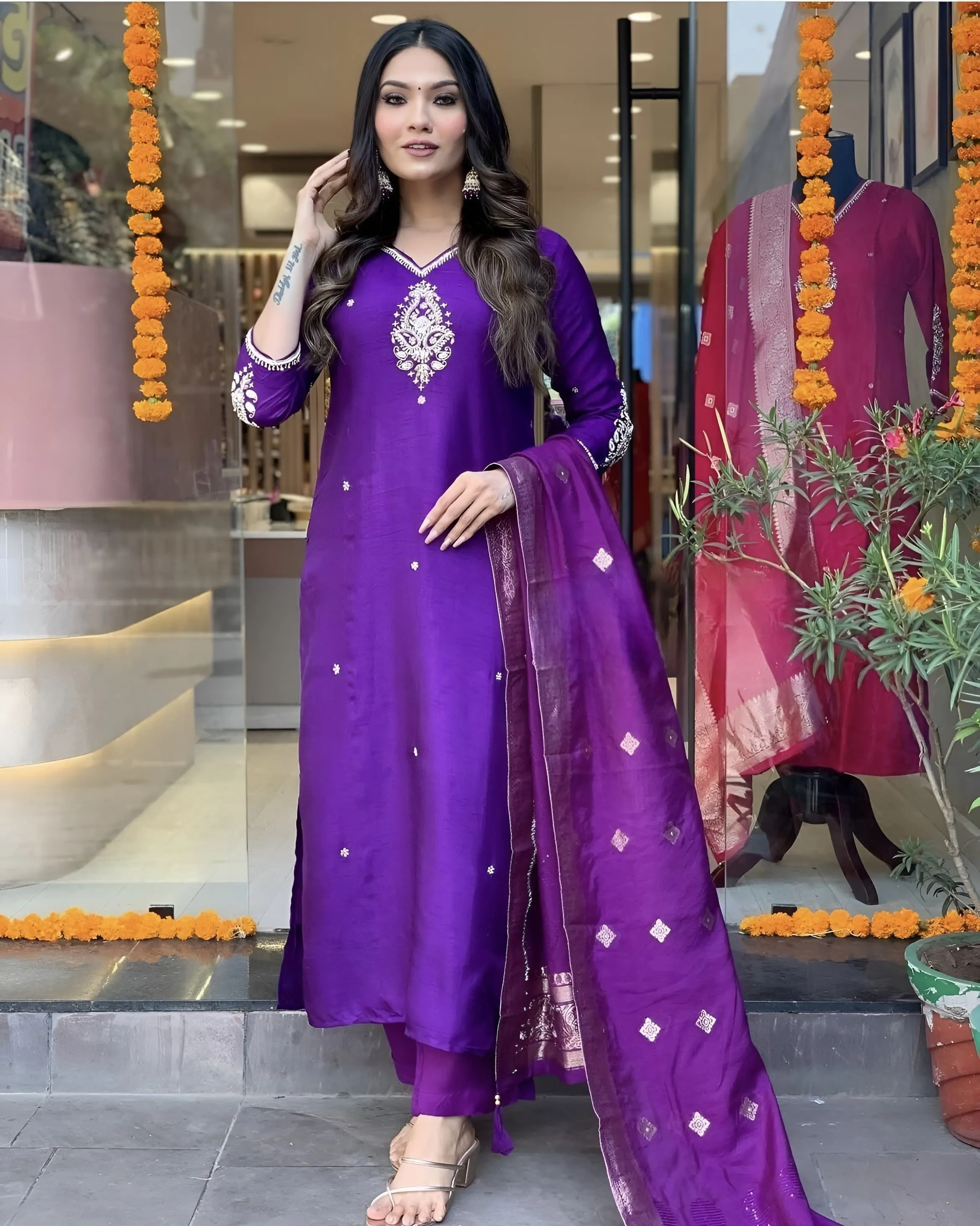 Purple cotton silk embroidered straight kurta set with dupatta