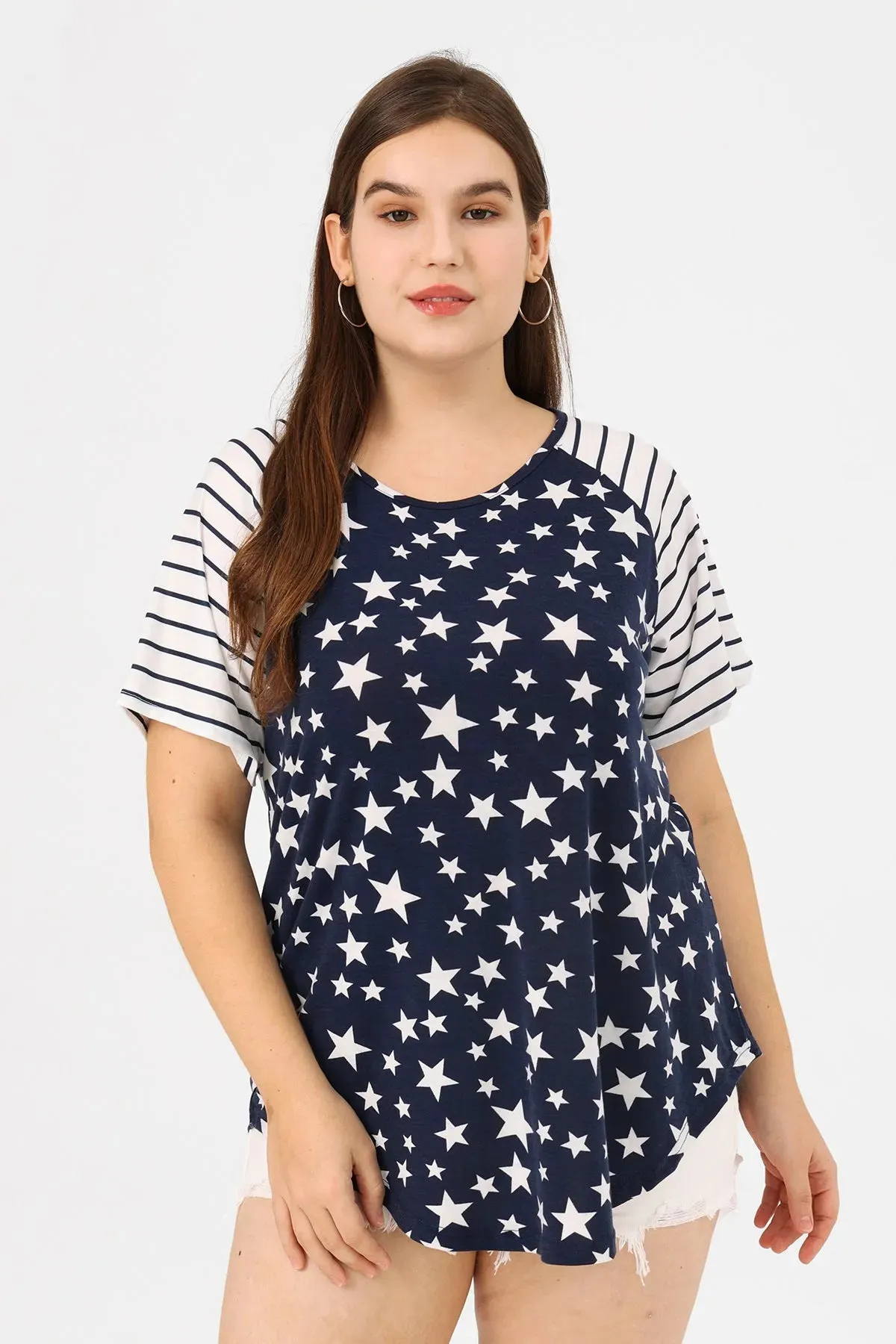 Raglan Star Pattern Print Loose Hem T-Shirt