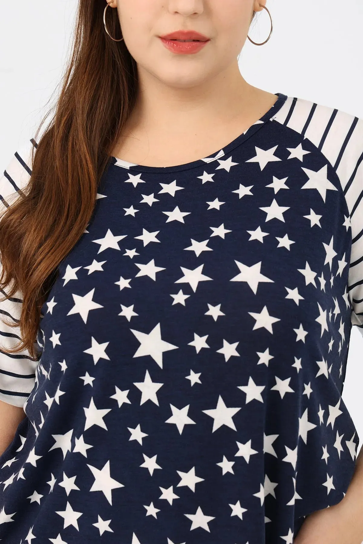 Raglan Star Pattern Print Loose Hem T-Shirt