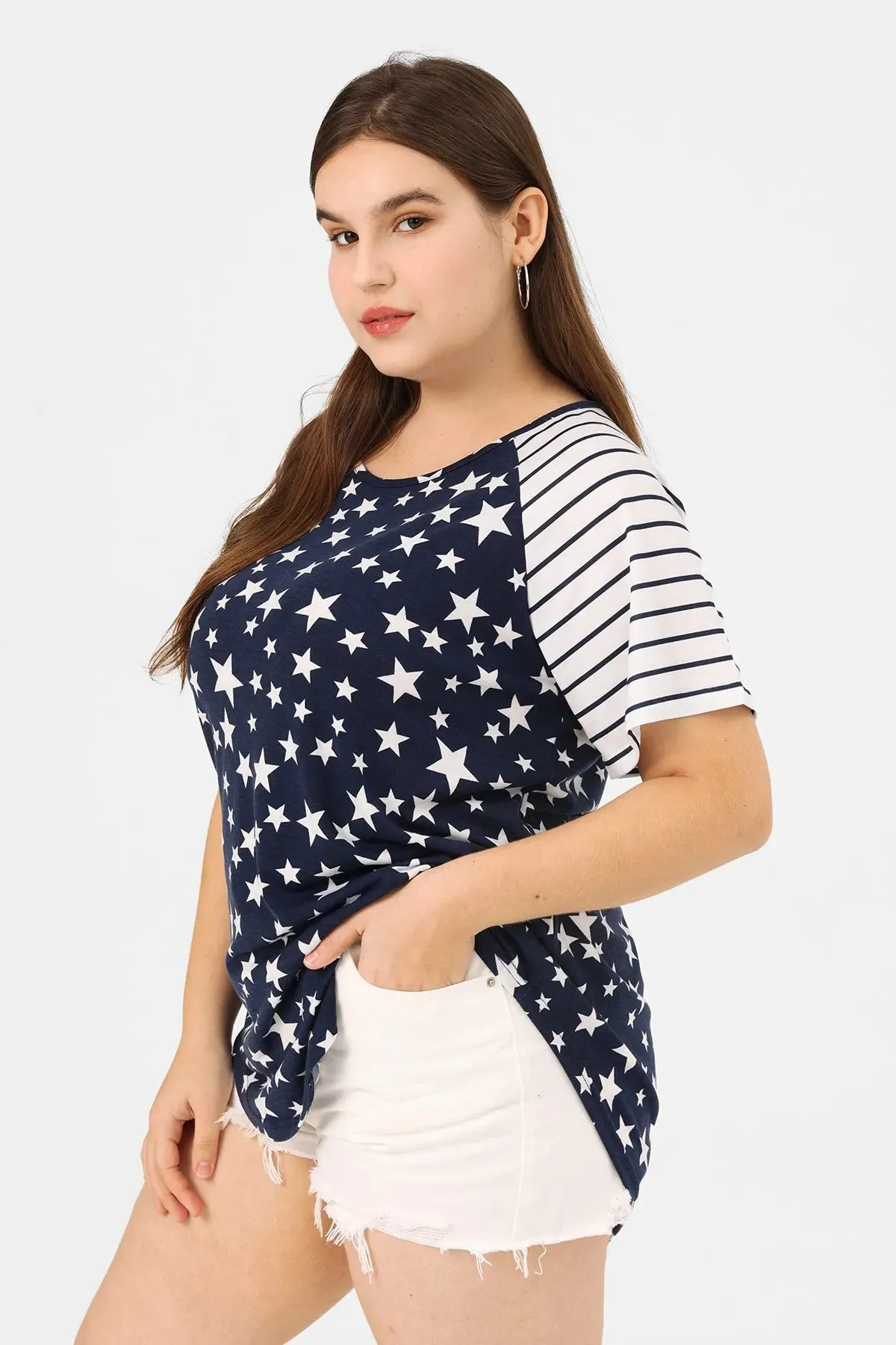 Raglan Star Pattern Print Loose Hem T-Shirt