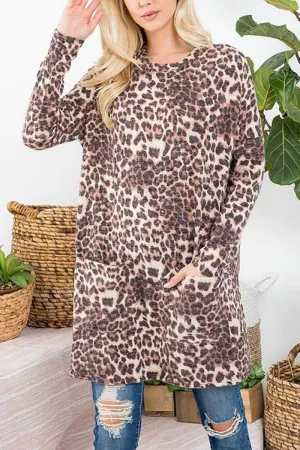 Round Neck Pocket Detail Animal Print Tunic Top