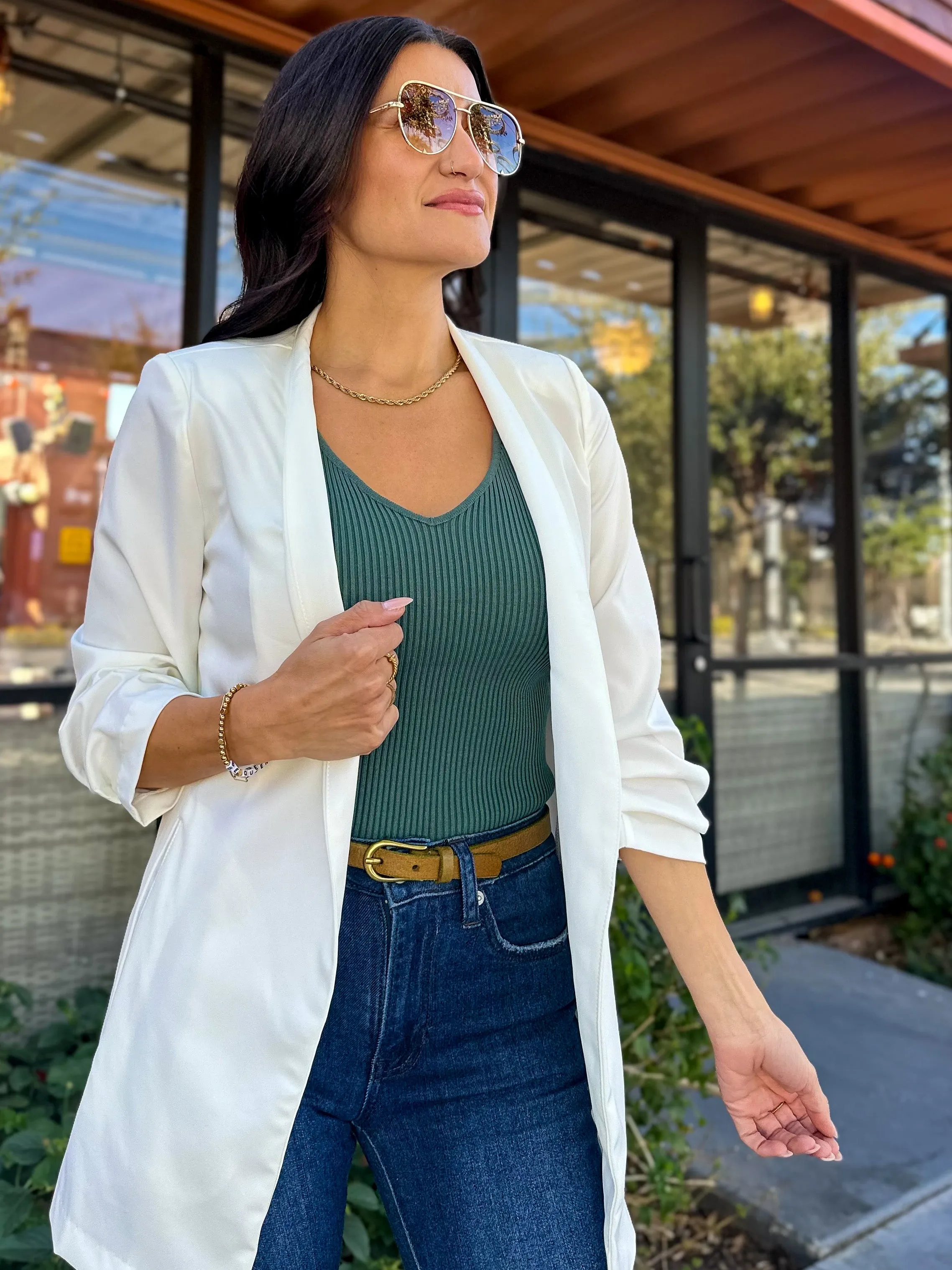 Ruched Sleeve Longline Blazer - White