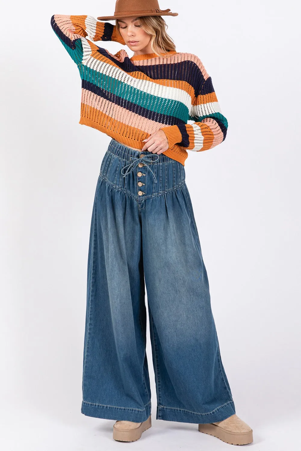 SAGE FIG Smocked Waist Band Wide Leg Jeans