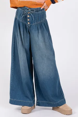 SAGE FIG Smocked Waist Band Wide Leg Jeans