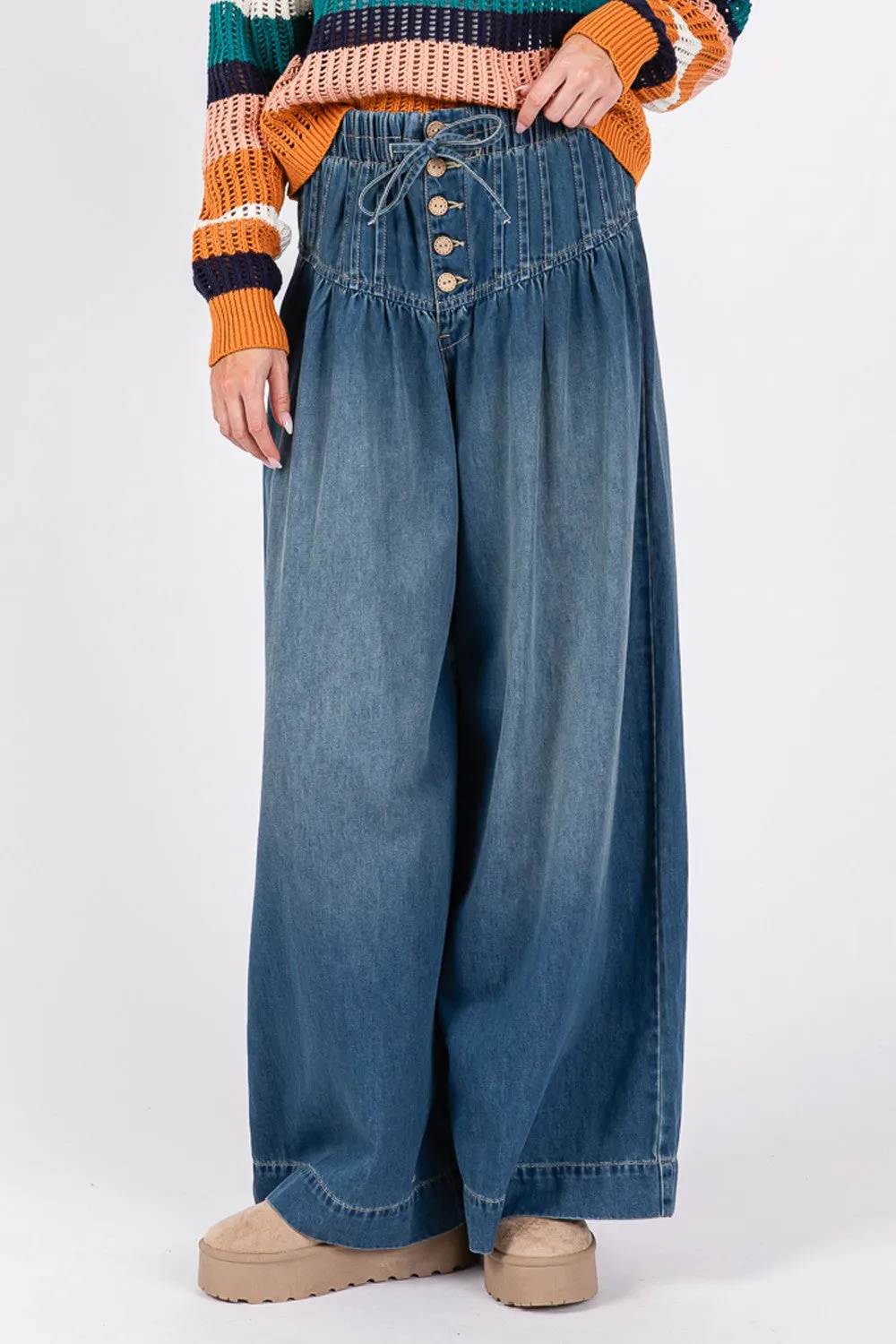 SAGE FIG Smocked Waist Band Wide Leg Jeans