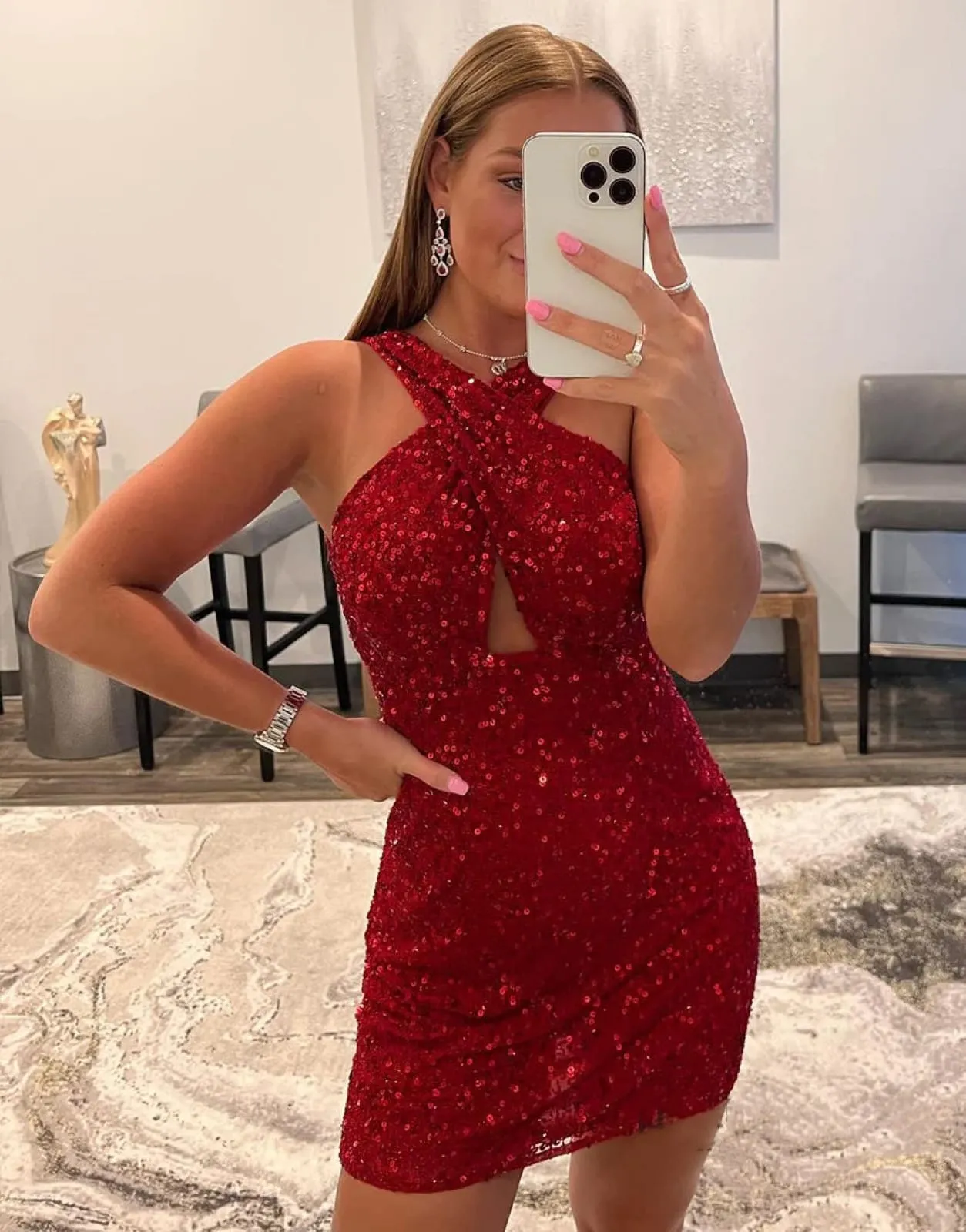 Sexy Cross Neck Backless Red Glitter Sequin Backless Short Homecoming Dress