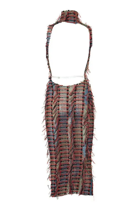 Sexy Ruffle Fringe Sheer Mesh Split Cutout Bodycon Backless Club Midi Dress