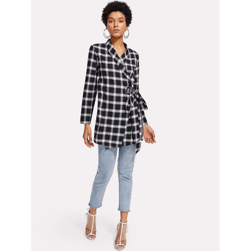 Shawl Collar Plaid Wrap Blazer