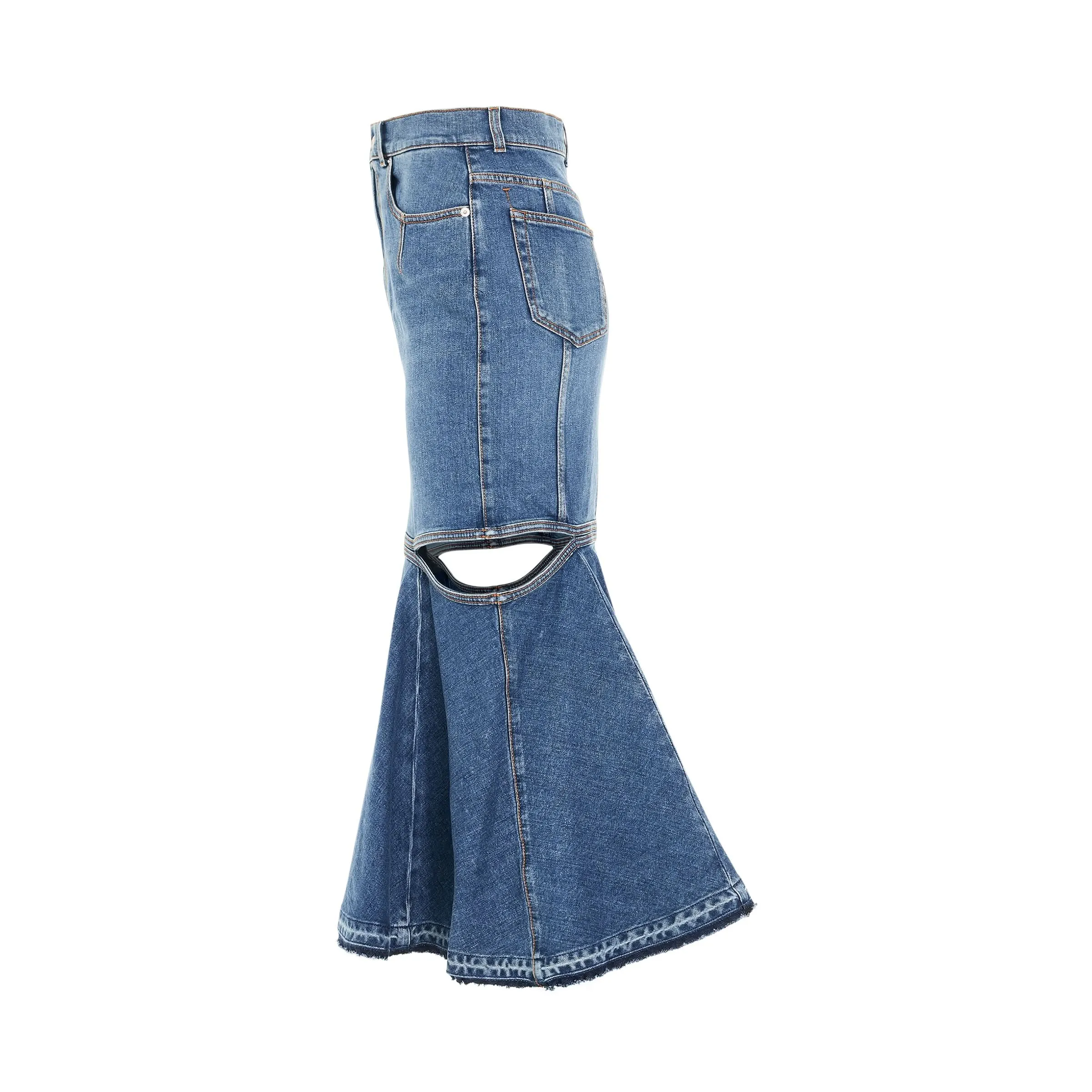 Slashed Midi Denim Skirt in Blue Wash