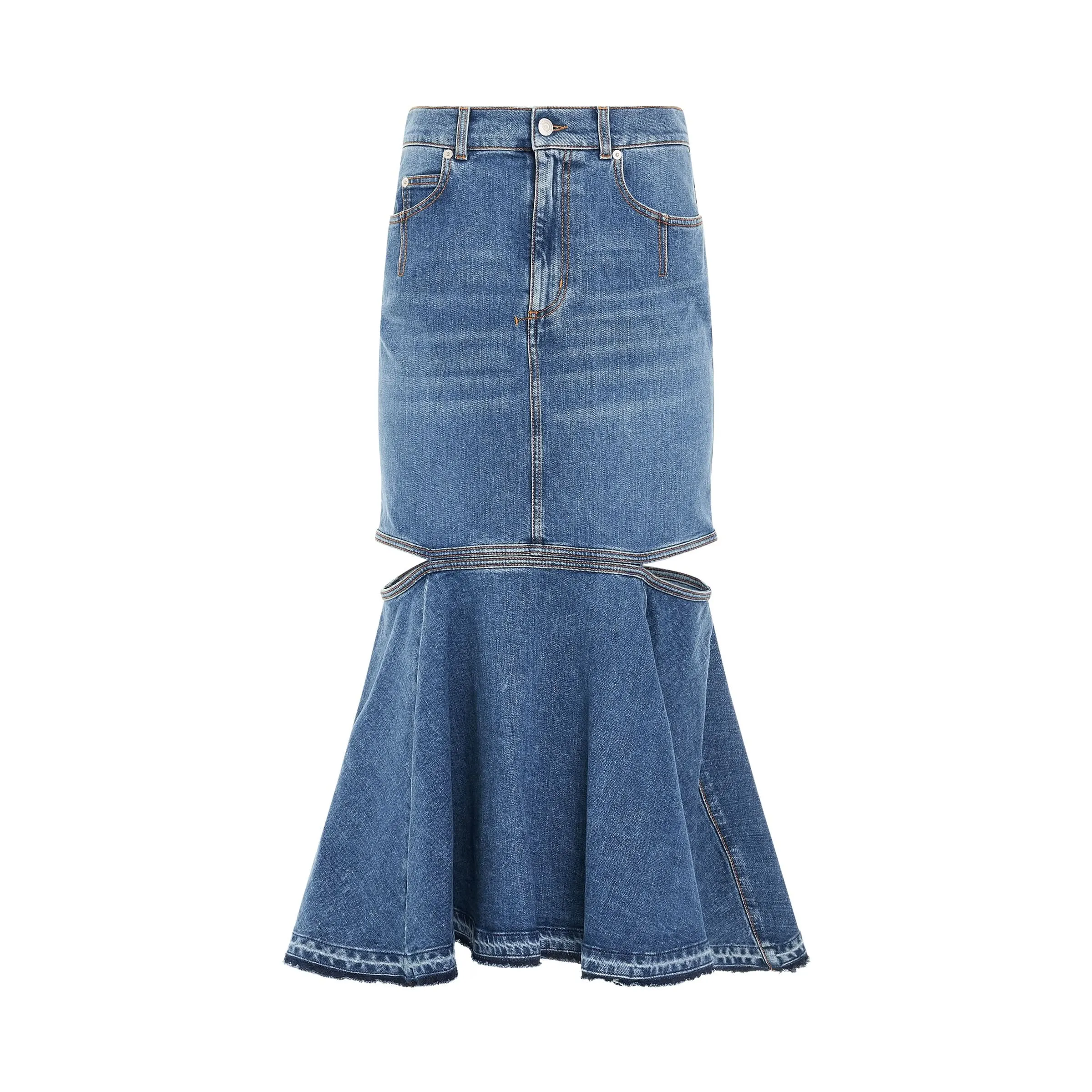 Slashed Midi Denim Skirt in Blue Wash