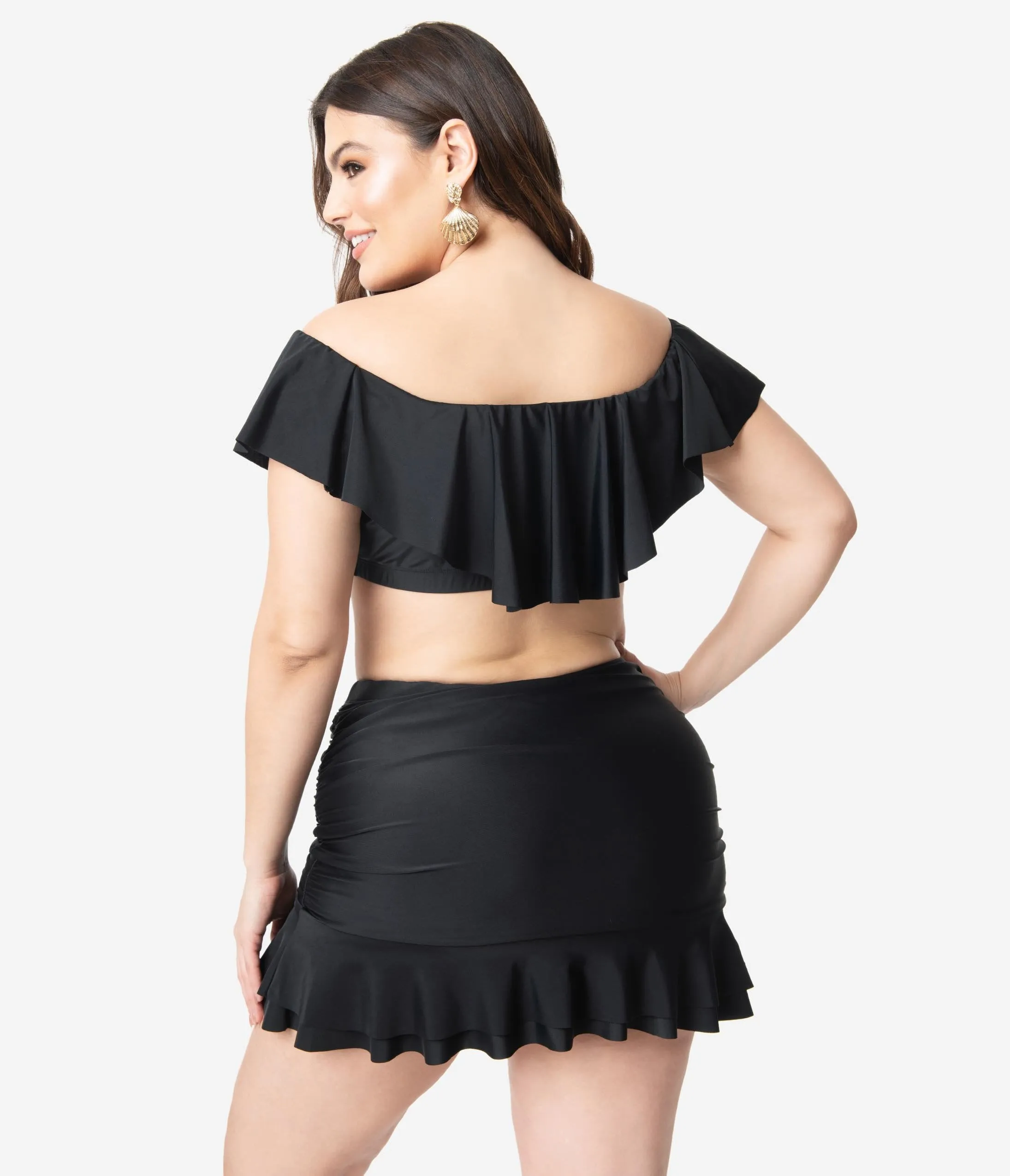 Unique Vintage Plus Size Black Ruffled Ramona Swim Top