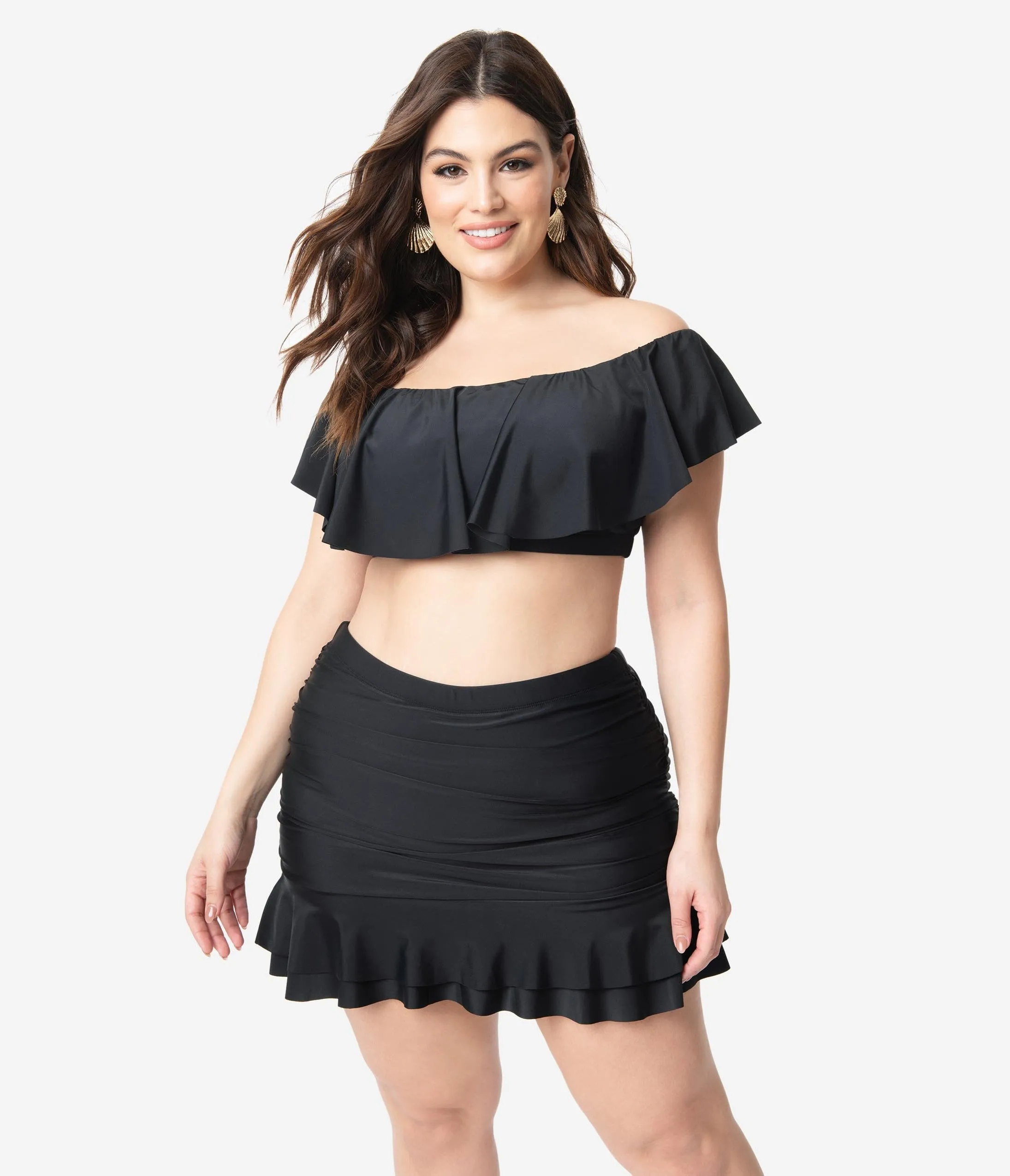 Unique Vintage Plus Size Black Ruffled Ramona Swim Top