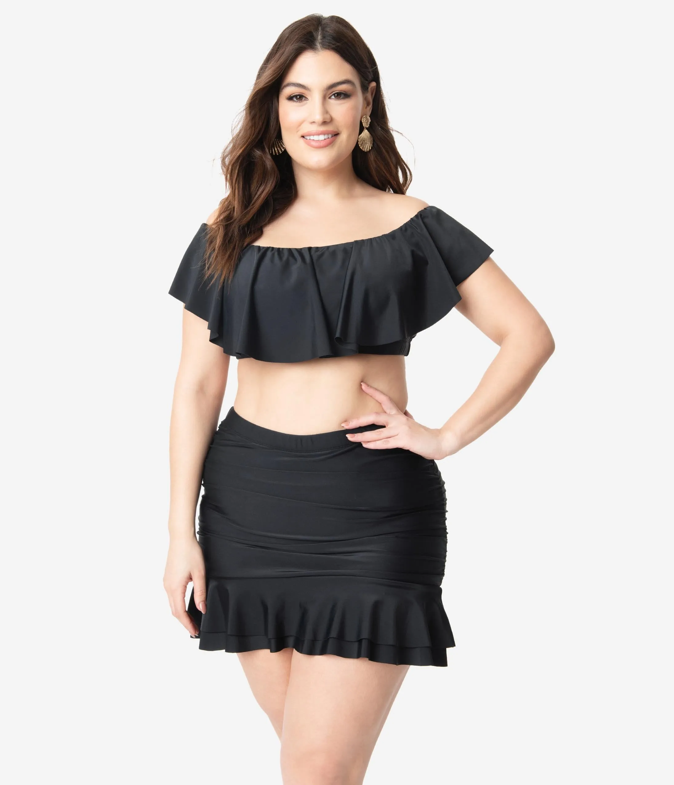 Unique Vintage Plus Size Black Ruffled Ramona Swim Top