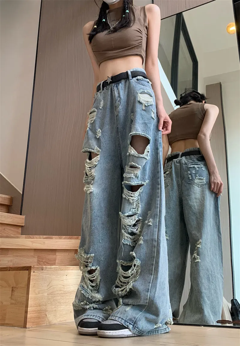 Wenkouban Blue Punk Frayed Detail Jeans with Ripped