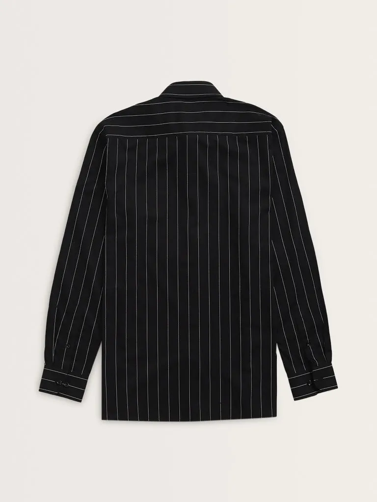 WES Formals Black Pinstriped Relaxed-Fit Cotton Shirt