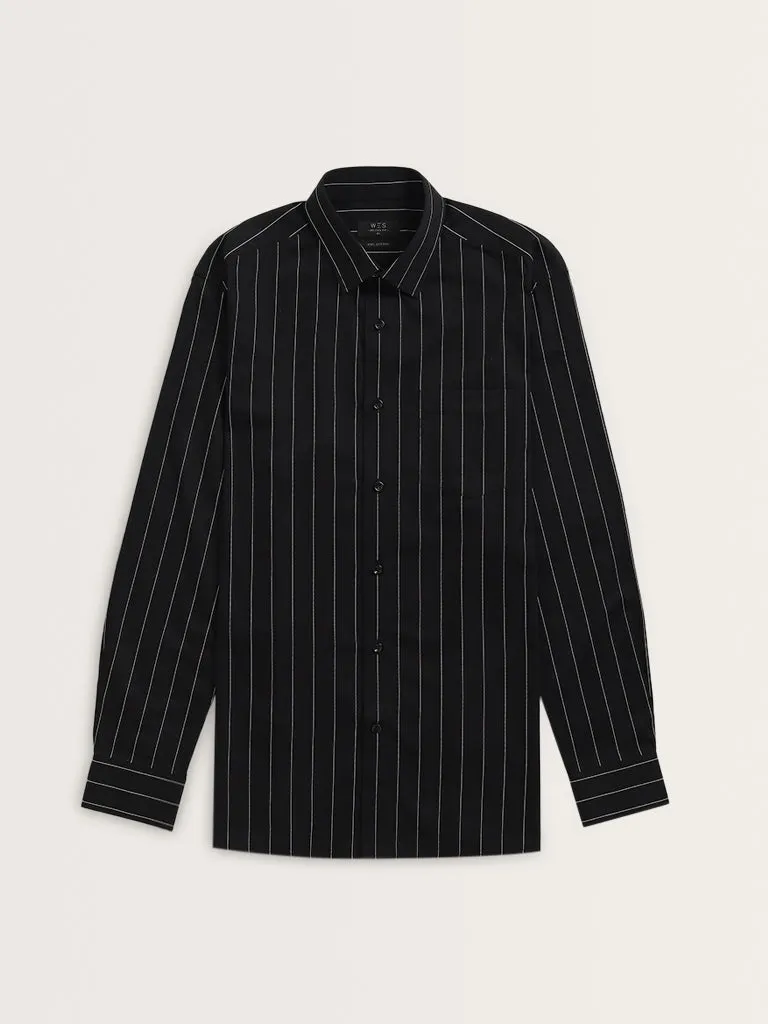 WES Formals Black Pinstriped Relaxed-Fit Cotton Shirt