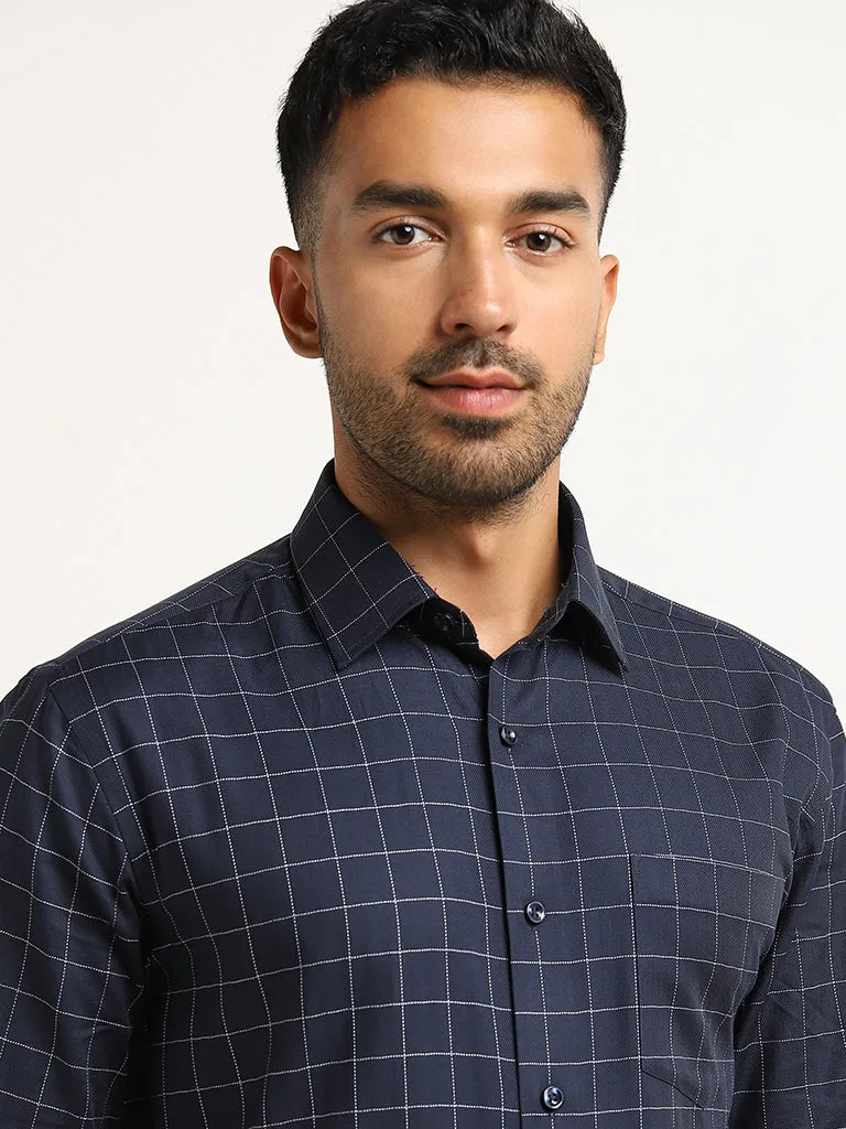 WES Formals Navy Checkered Relaxed Fit Shirt