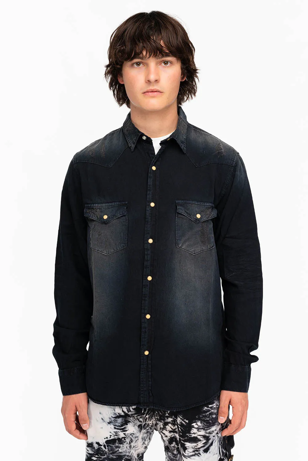 WESTERN NATIVE AMERICAN STYLE MENS DESTROY DENIM SHIRT IN F_ED UP BLACK