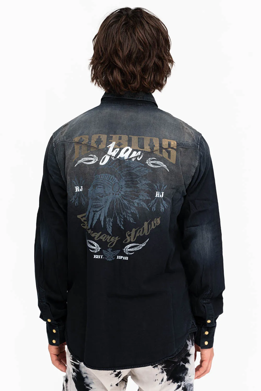 WESTERN NATIVE AMERICAN STYLE MENS DESTROY DENIM SHIRT IN F_ED UP BLACK