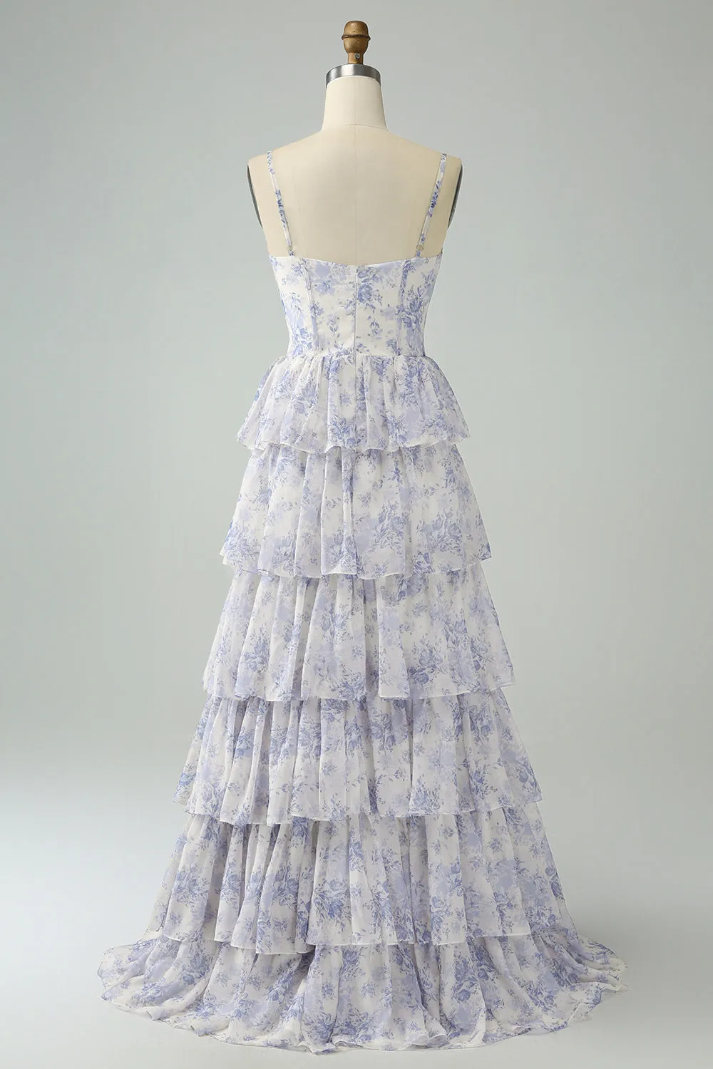 White Blue Floral Spaghetti Straps Tiered Maxi Dress