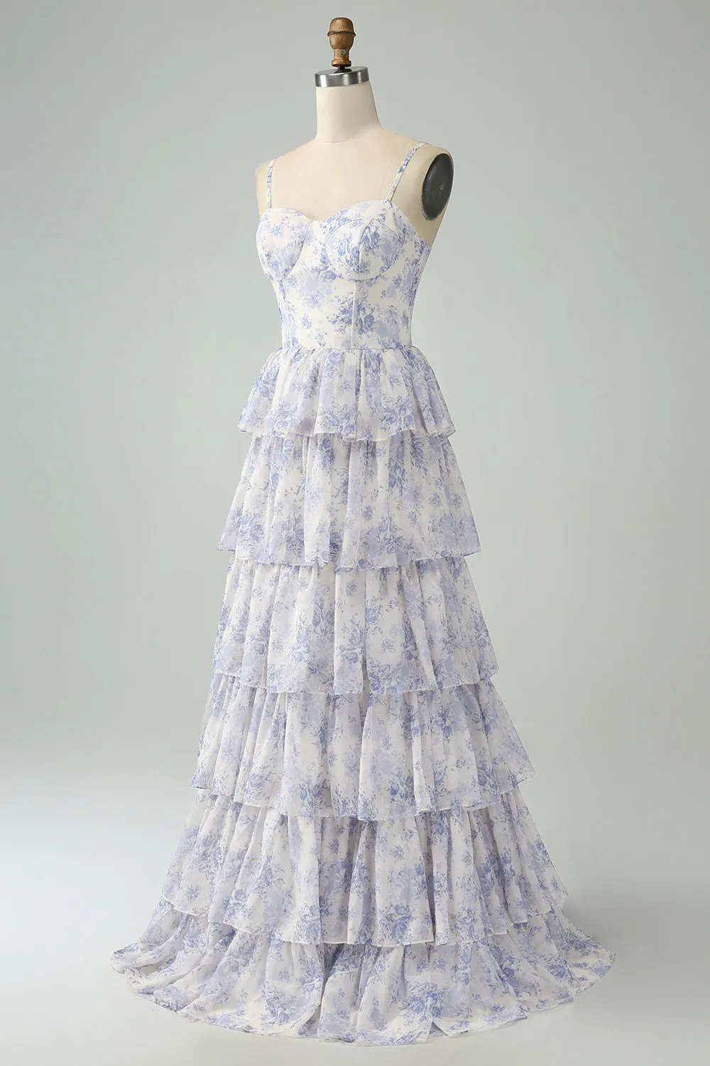 White Blue Floral Spaghetti Straps Tiered Maxi Dress