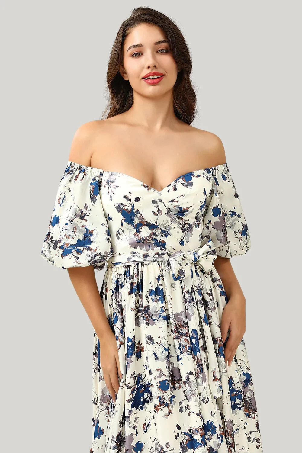 White Blue Flower A Line Off the Shoulder Long Maxi Dress