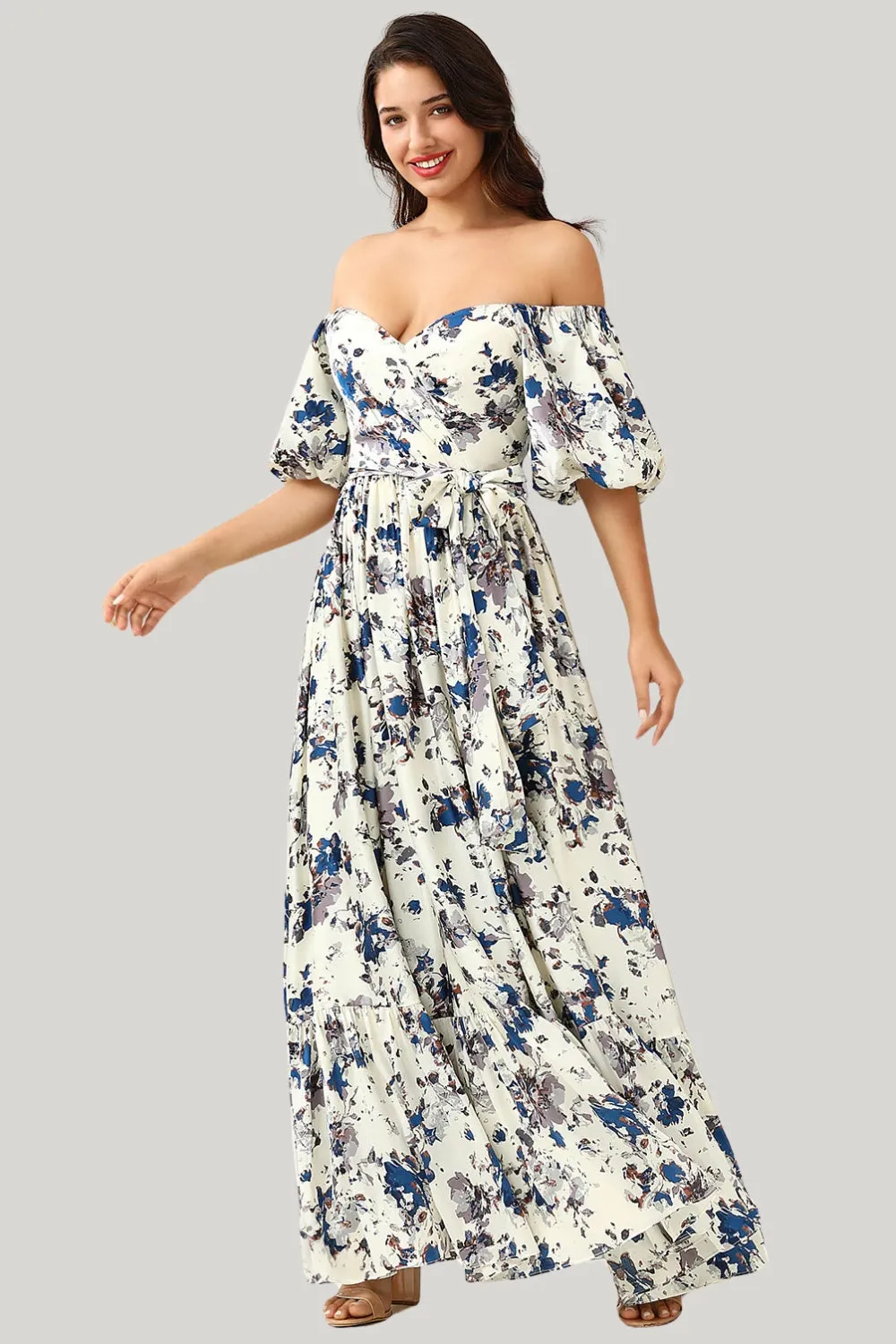 White Blue Flower A Line Off the Shoulder Long Maxi Dress