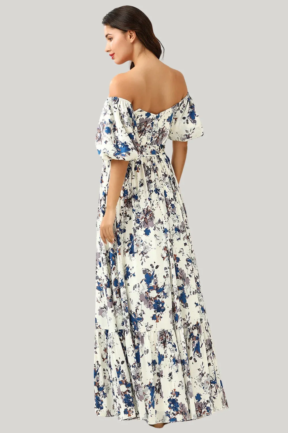 White Blue Flower A Line Off the Shoulder Long Maxi Dress