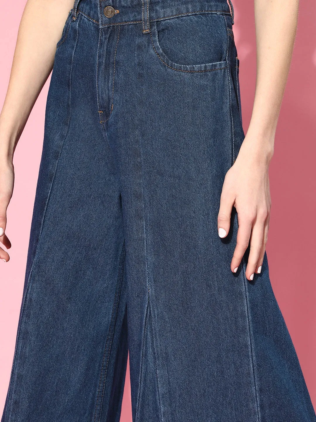 Women Blue Front Pleat Flared Leg Jeans