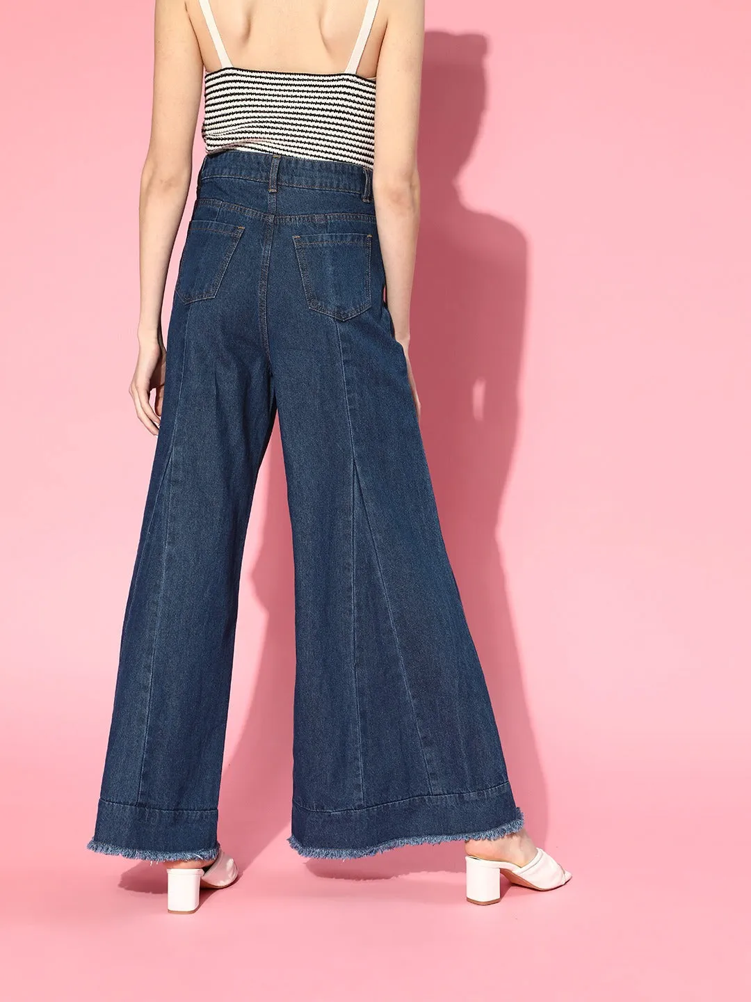 Women Blue Front Pleat Flared Leg Jeans