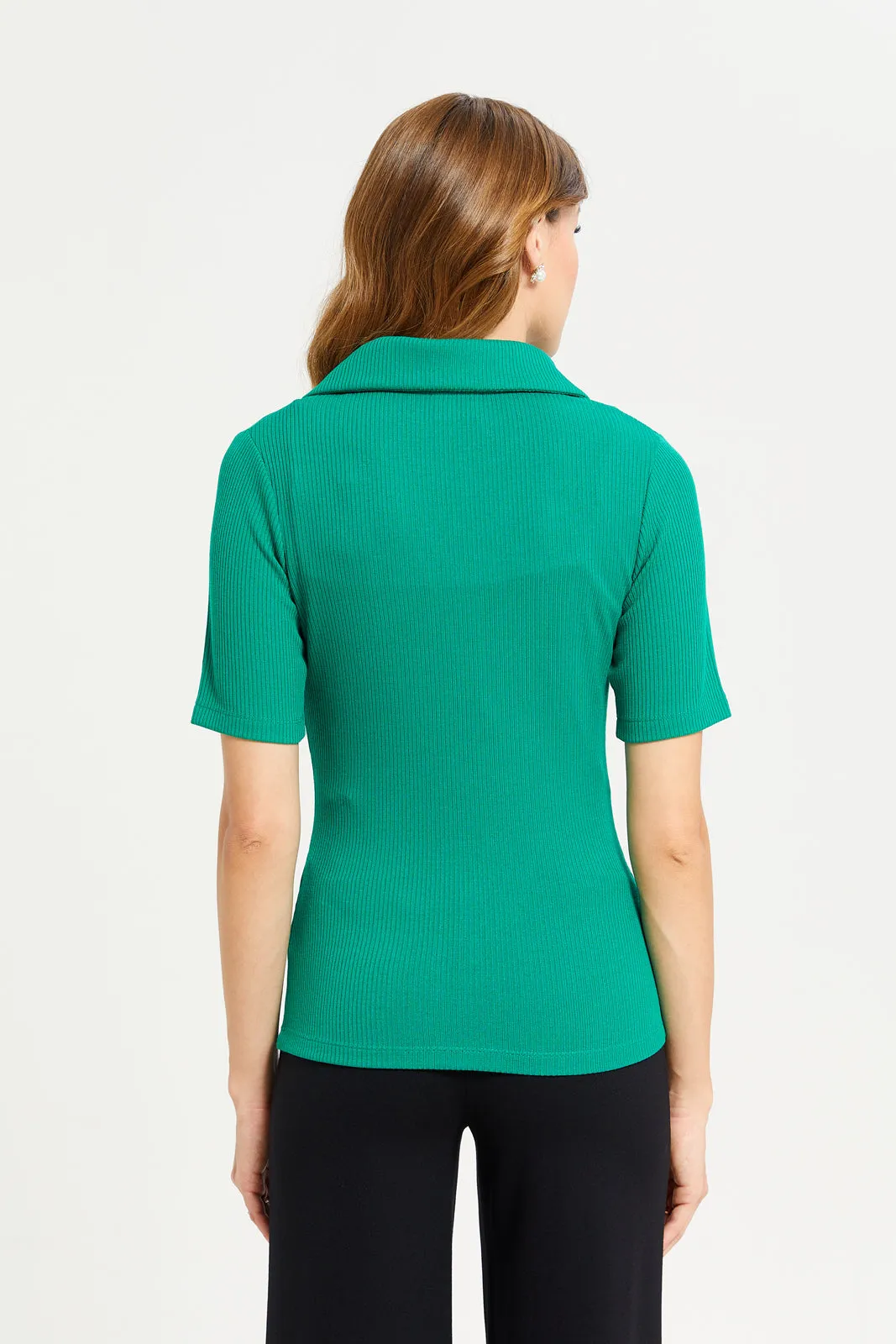 Women Green Rib Collared Top