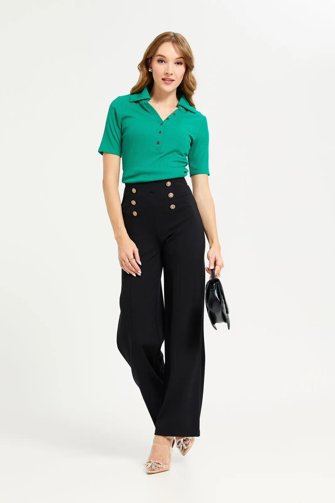 Women Green Rib Collared Top