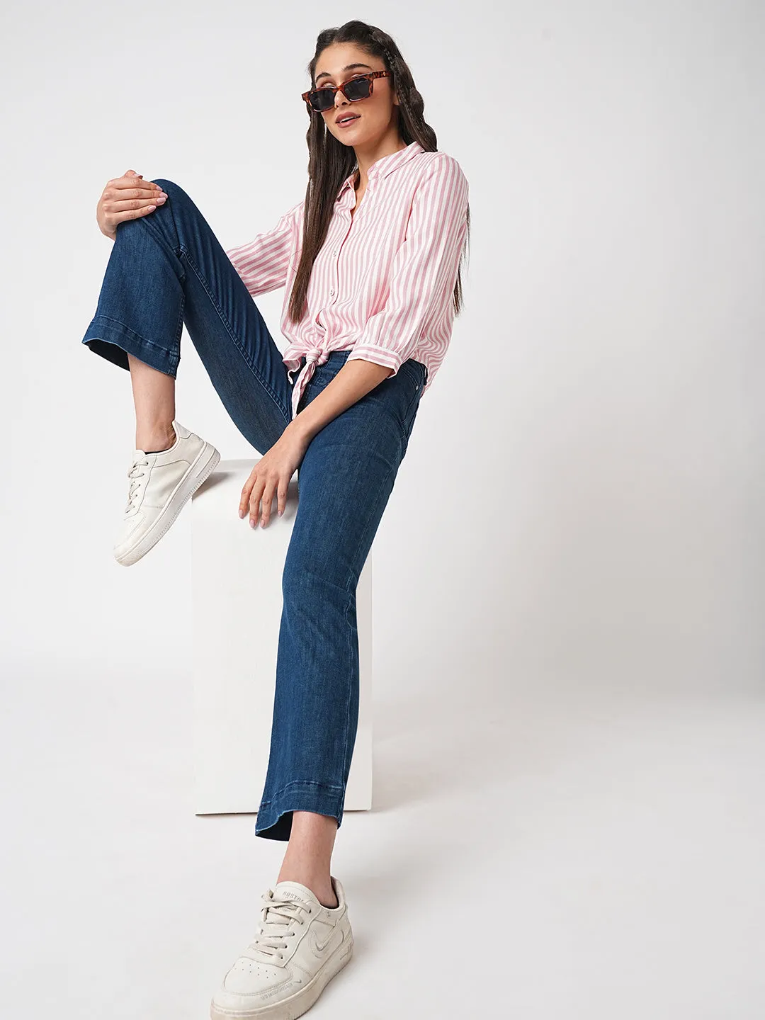 Women High-Rise Mini Flare Jeans