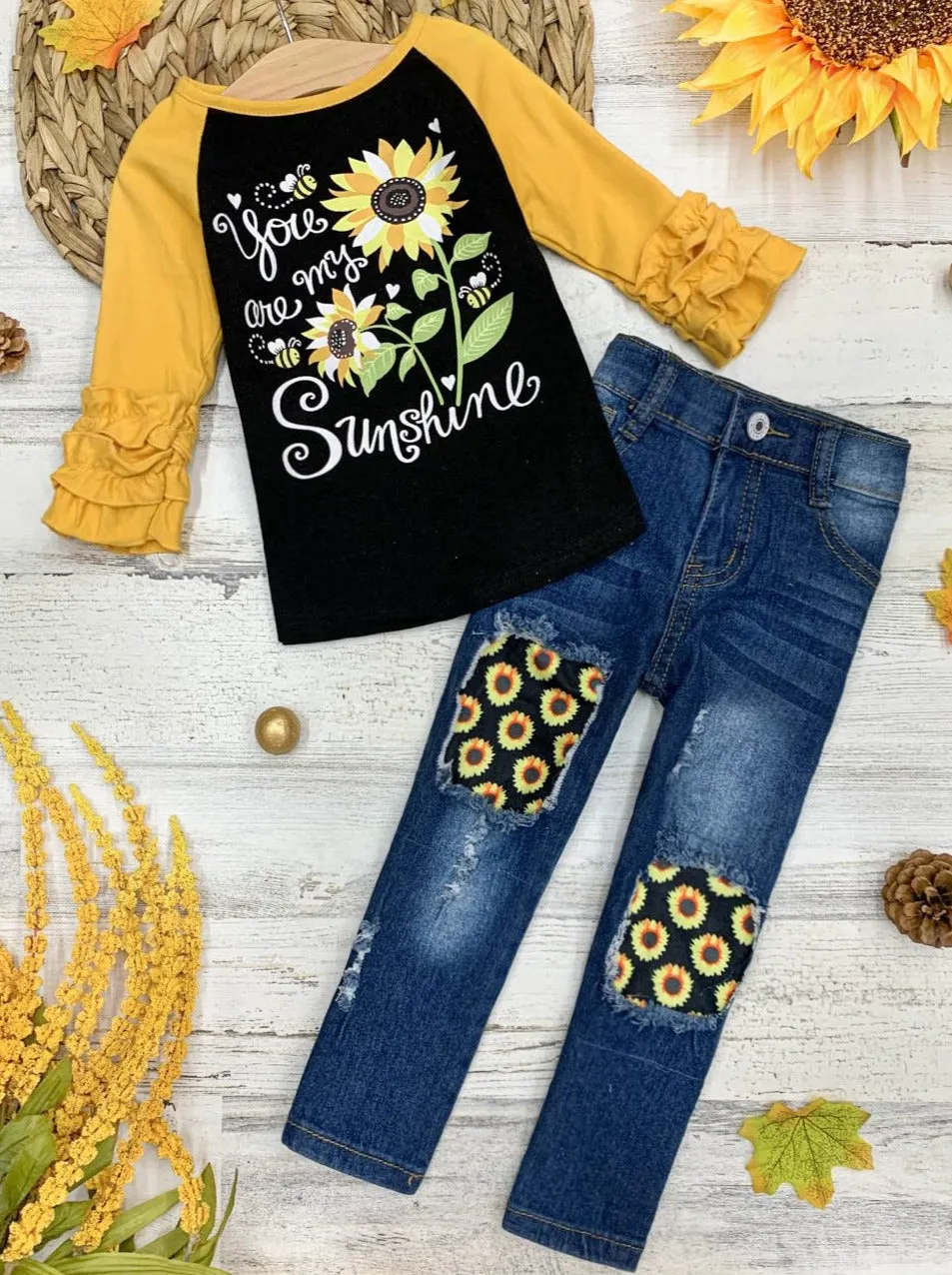 You Are My Sunshine Patched Jeans Set