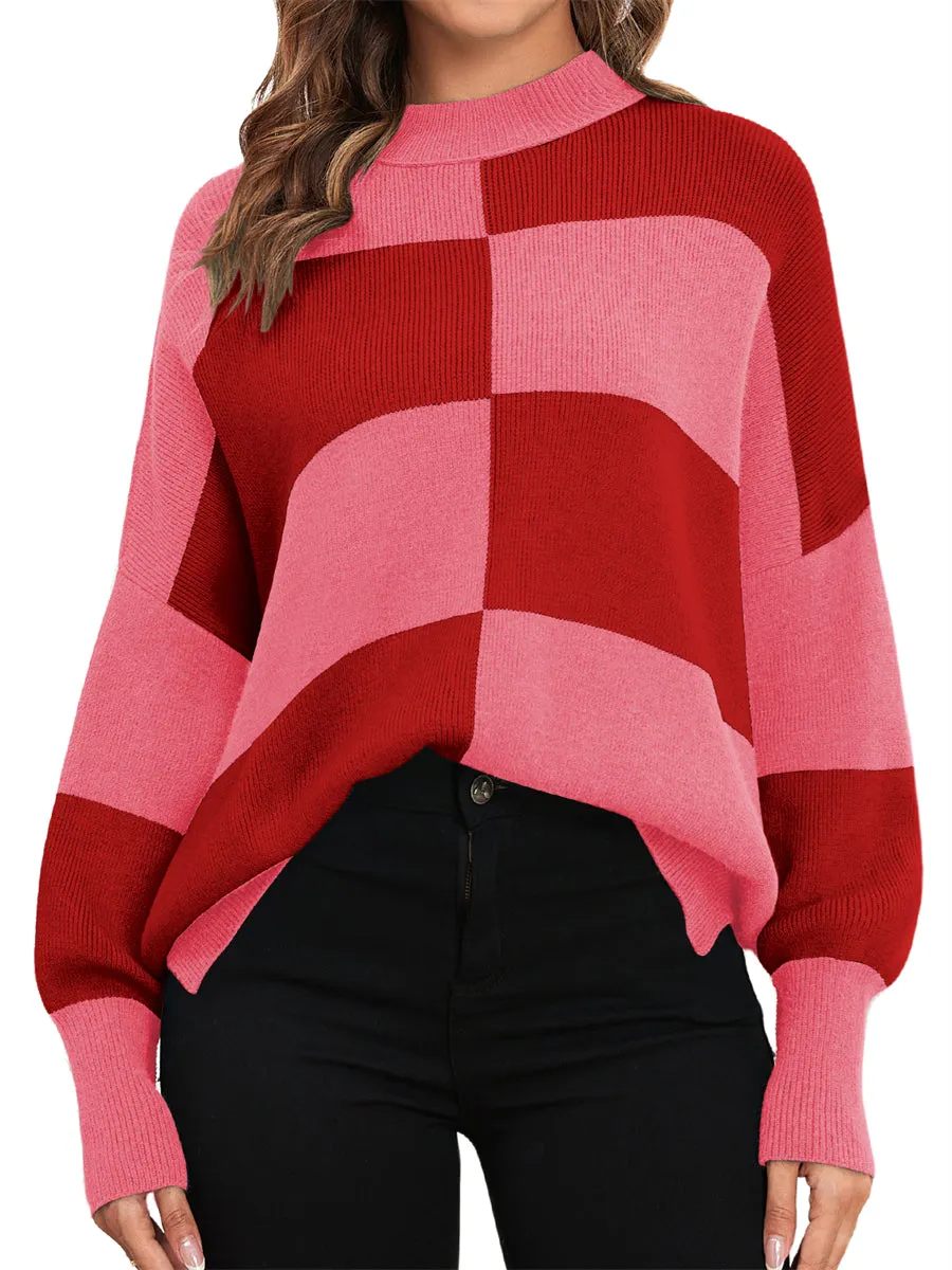 ZAFUL Womens 2024 Trendy Sweater Checkered Oversized Pullover Sweaters Side Slit Cozy Fall Winter Jumper Tops